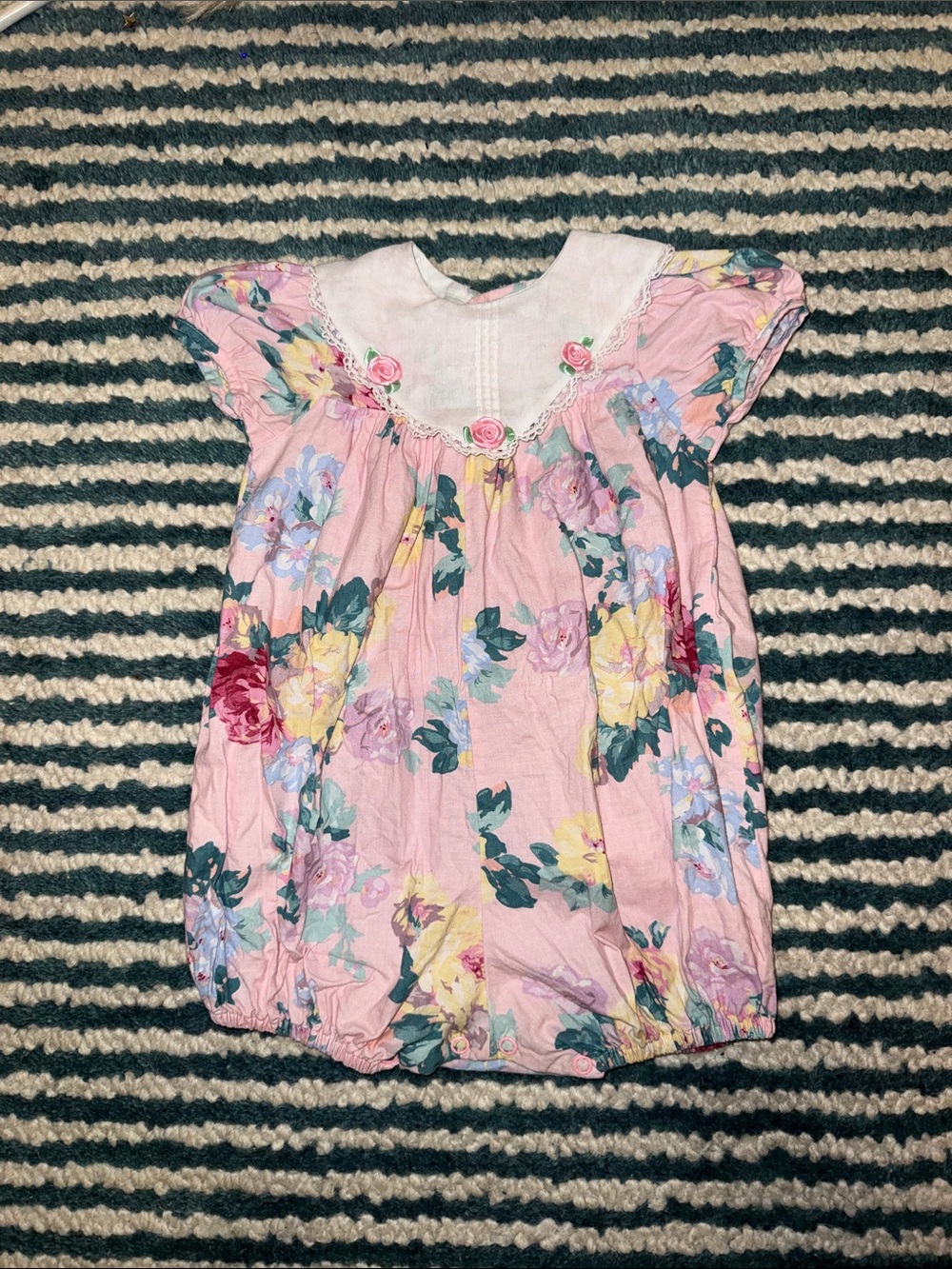 Rare Editions Pink Floral Baby Bubble Romper vintage collar 3d flower 18-24 m